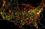FACET video screenshot of aircraft icons over the United States.